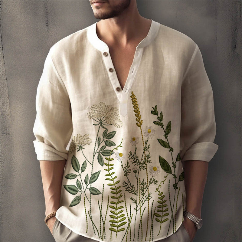 Men's shirt – Loose fit – Floral embroidery – Henley Collar