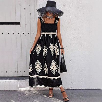 Robe longue femme – Coupe ample – Coton – Imprimé bohème – Bretelles volantées