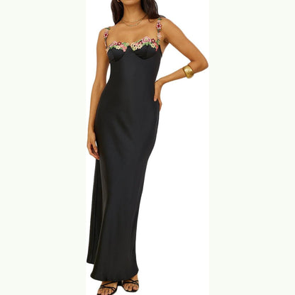 Robe longue femme – Coupe slim – Satin brillant – Décolleté cœur dentelle florale