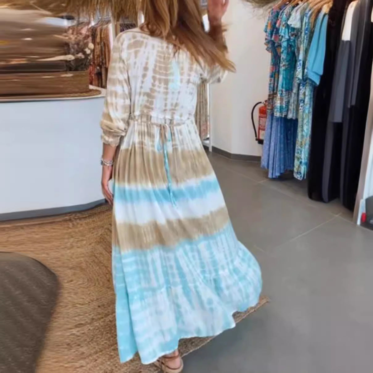 Robe Caftan Femme – Coupe Ample – Fibres Naturelles – Tie-Dye – Longueur Midi