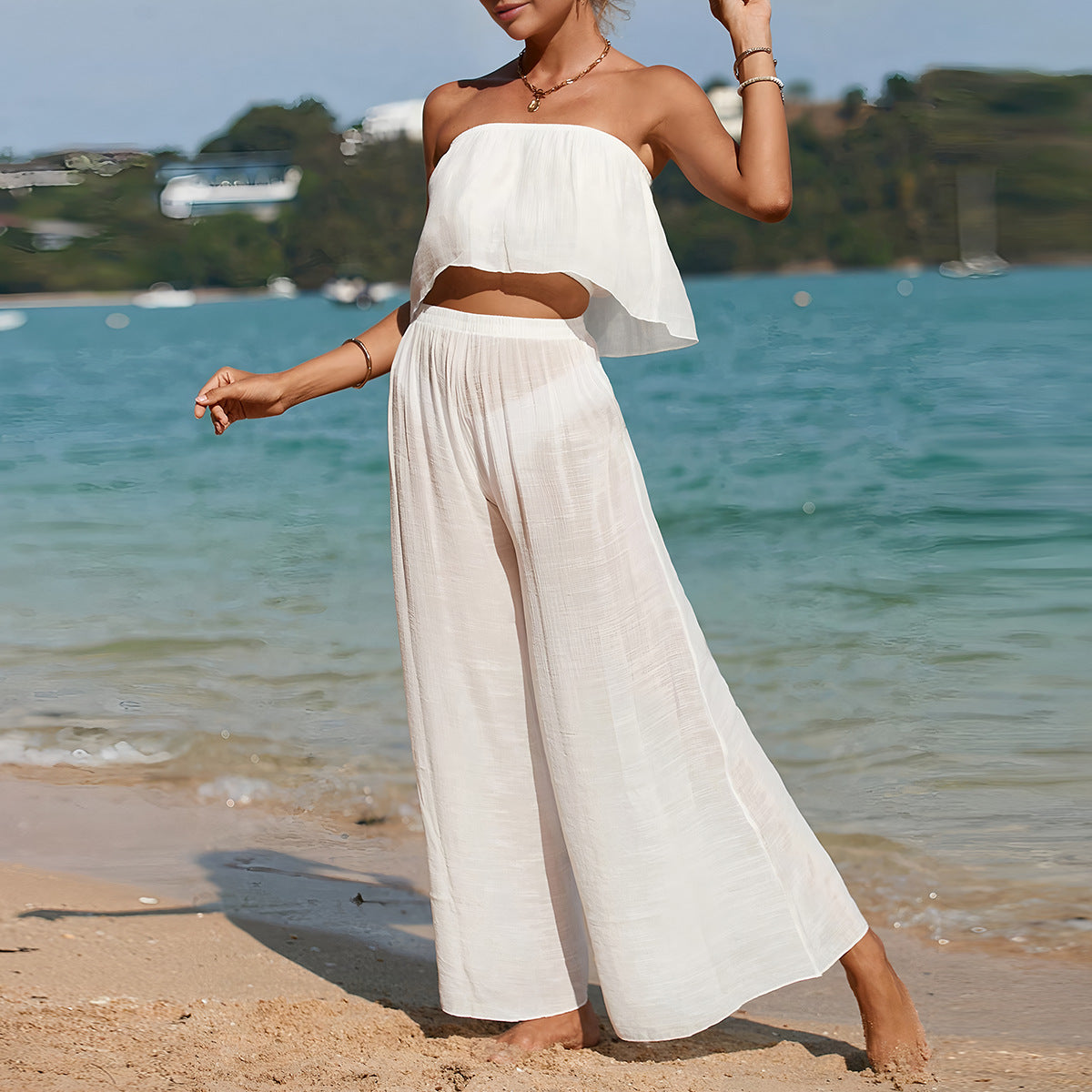 Ensemble Femme Deux Pièces – Haut Sans Bretelles – Pantalon Large Taille Haute – Tissu Léger Respirant