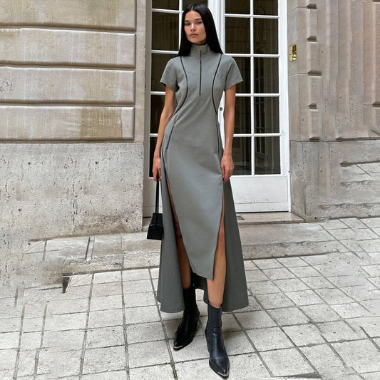 Robe longue femme – Coupe slim – Zip avant – Fente haute – Manches courtes