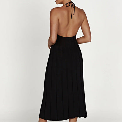 Robe midi femme – Maille douce – Coupe ajustée – Col halter – Jupe plissée
