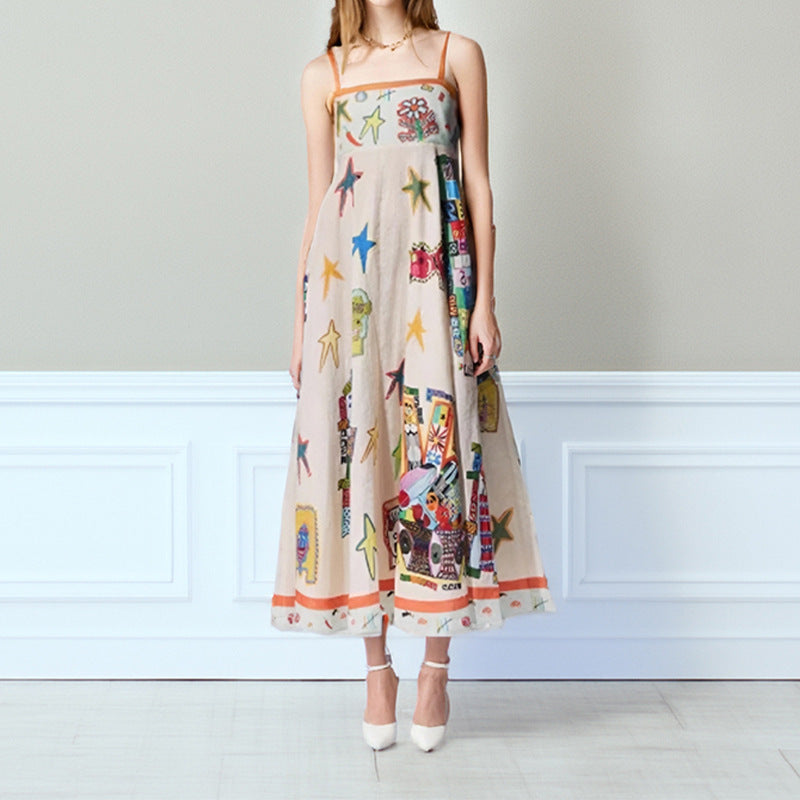 Robe longue femme – Coupe évasée – Bretelles fines – Décolleté carré – Tissu léger