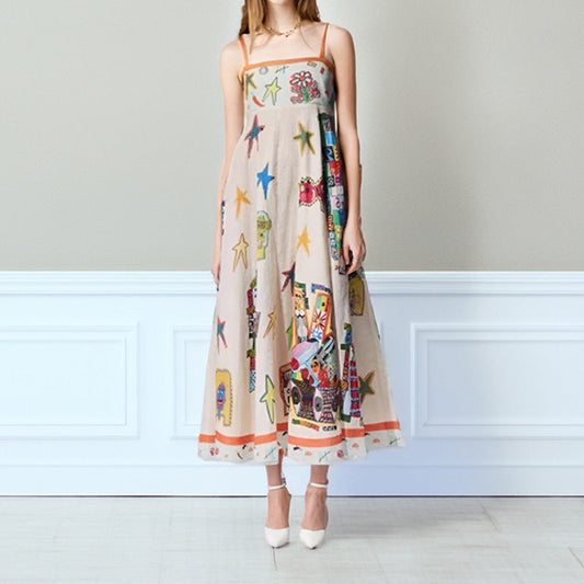 Robe longue femme – Coupe évasée – Bretelles fines – Décolleté carré – Tissu léger