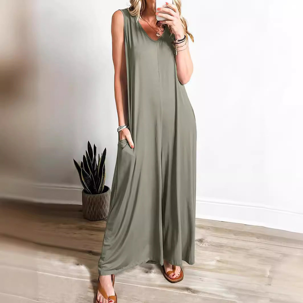 Robe longue femme – Coupe fluide – Débardeur – Encolure en V – Maille douce avec poches