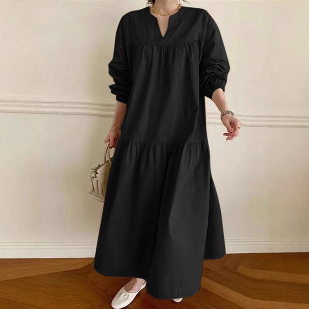 Women's long dress – Cotton linen – Loose fit – Puff sleeves – V neck