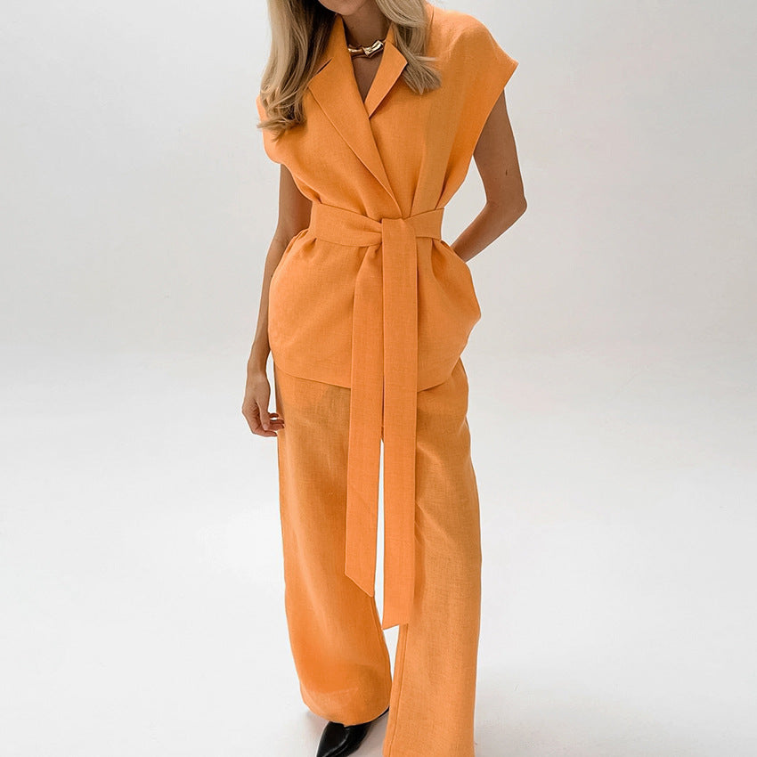 Ensemble Femme Haut Sans Manches et Pantalon Large – Taille Ceinturée – Tissu Léger