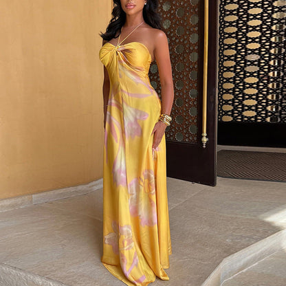 Robe longue femme – Tissu fluide brillant – Dos nu bandeau – Imprimé abstrait élégant