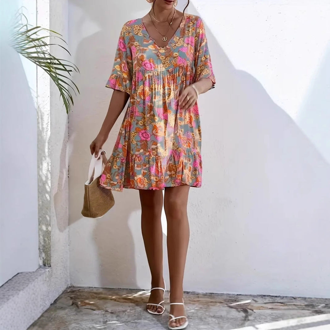 Robe femme – Coupe fluide – Col en V – Manches 3/4 volantées – Imprimé fleuri – Coton