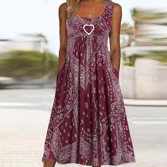 Robe longue femme – Coupe évasée fluide – Imprimé bandana – Tissu respirant – Poches