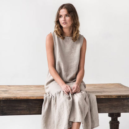 Robe midi femme – Sans manches – Coupe ample – Tissu respirant – Ourlet volanté