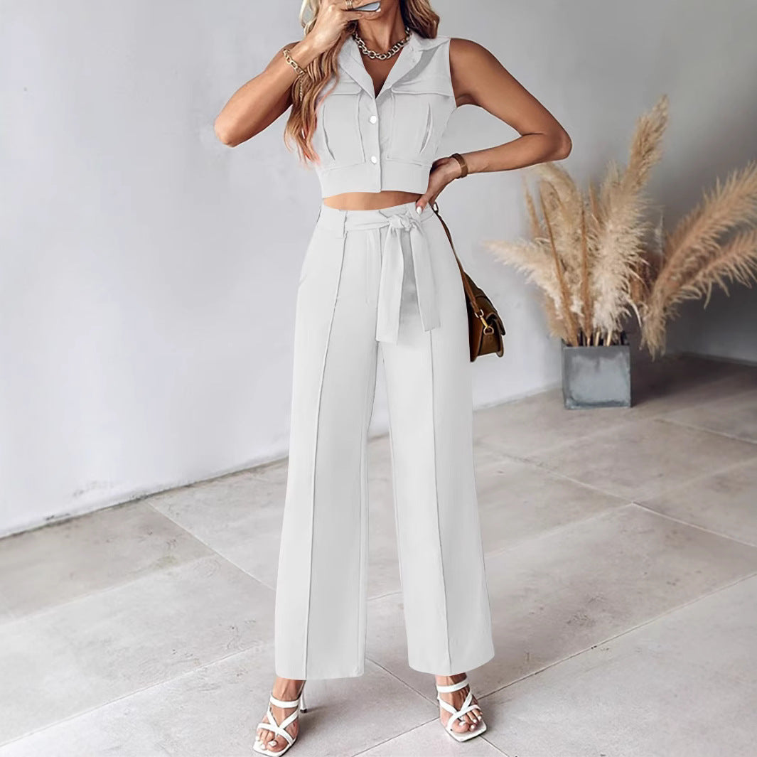 Ensemble femme – Top court sans manches à col – Pantalon large taille haute ceinturé