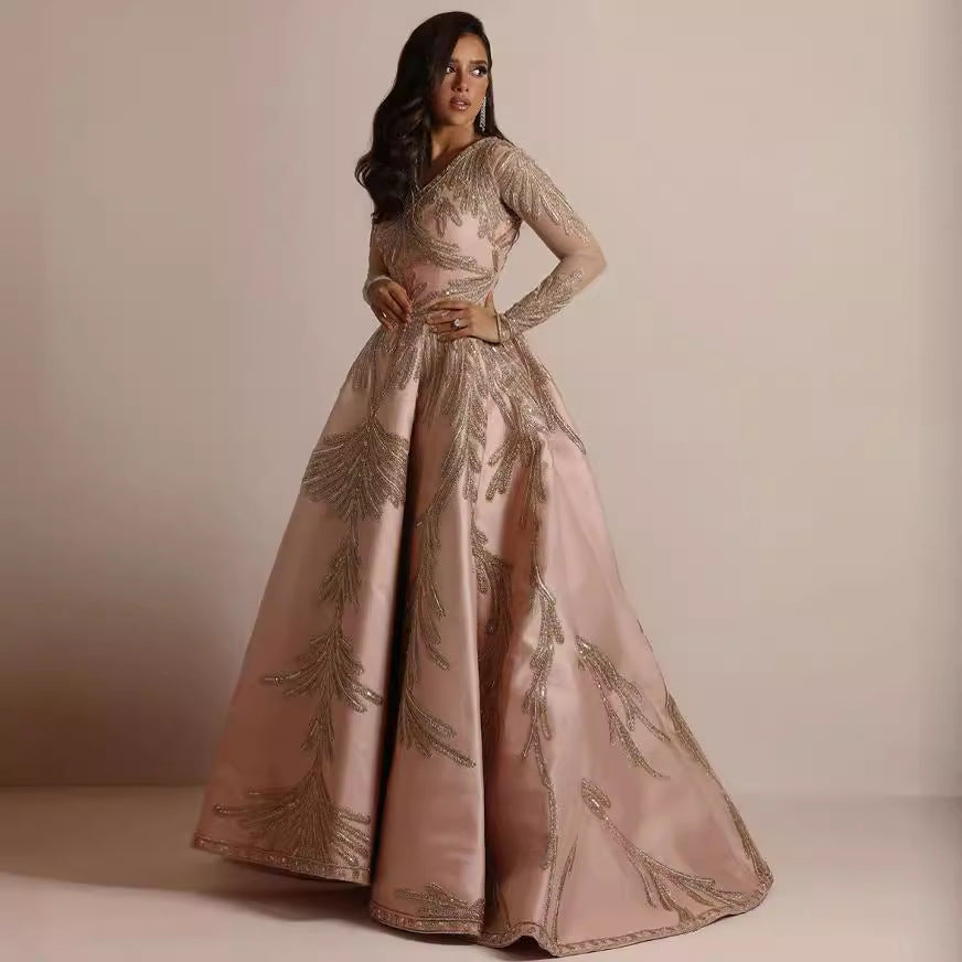 Women's evening dress – Plunging neckline – Long sleeves – Sequins – Flared cut