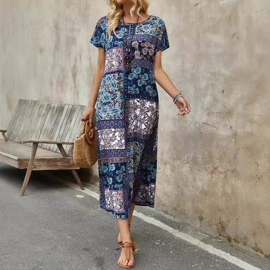 Robe longue femme – Coupe ample – Manches courtes – Patchwork paisley