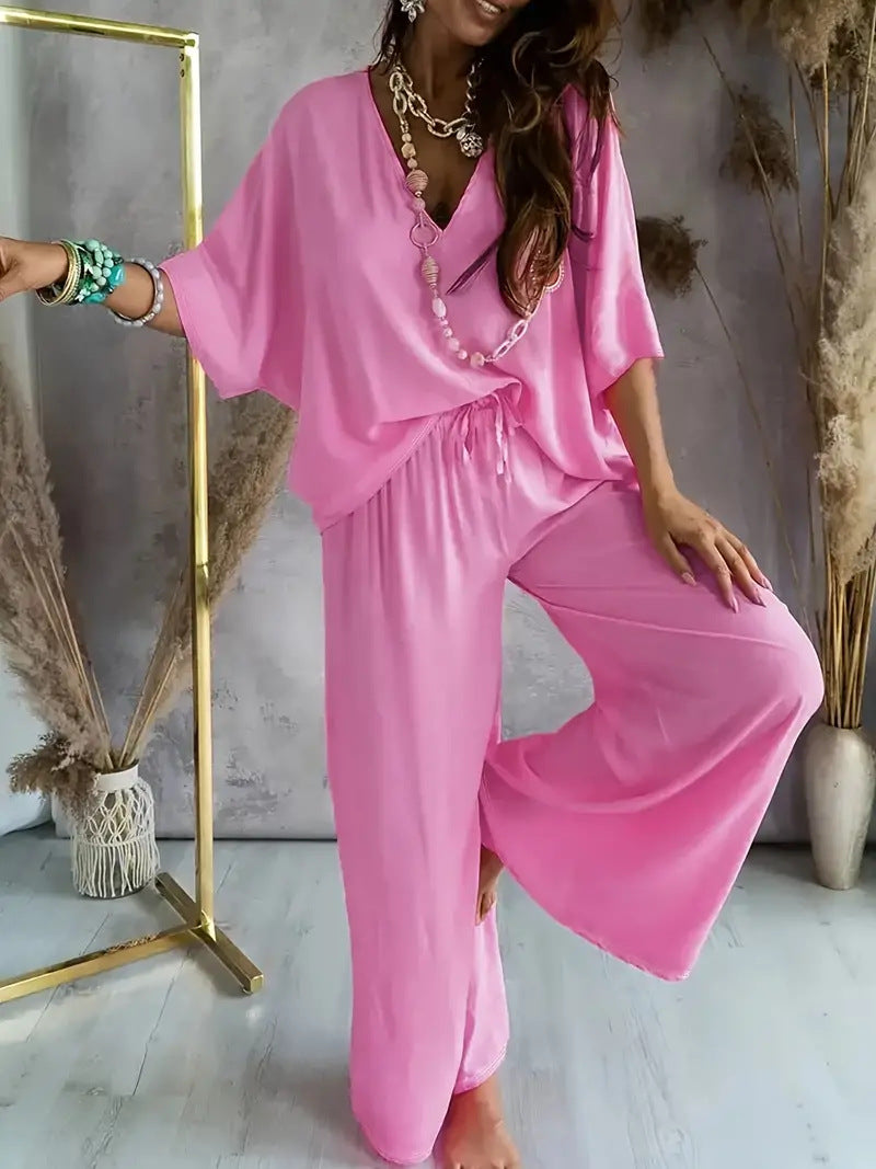 Ensemble Femme Haut Col V et Pantalon Large – Coupe Ample – Tissu Respirant Doux