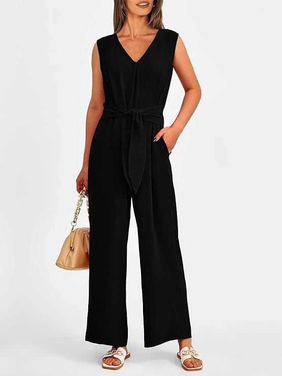 Combinaison femme – Coupe ample – Sans manches – Décolleté en V – Ceinture à nouer