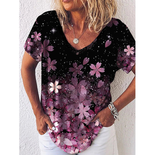 T-shirt femme col V – Coupe régulière – Imprimé floral – Tissu doux respirant – Manches courtes