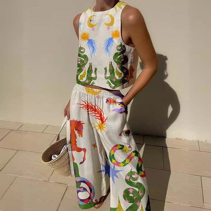 Top court sans manches femme – Coton léger – Coupe ample – Motifs artistiques bolds