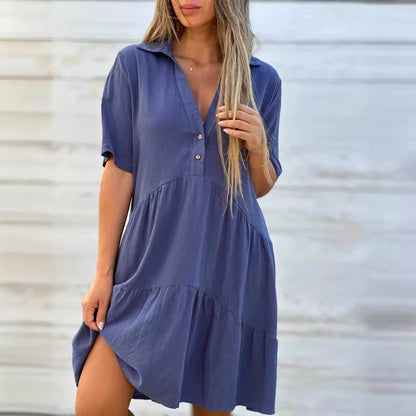 Robe femme midi – Coupe ample – Manches courtes – Col chemise – Fibres naturelles