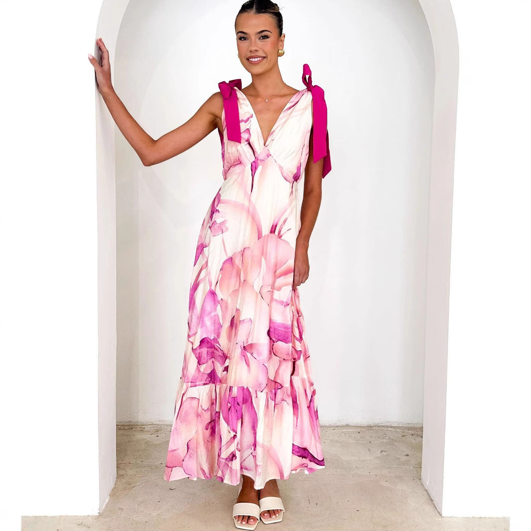 Robe longue femme – Décolleté en V – Sans manches – Imprimé artistique – Tissu léger