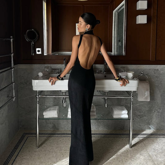 Robe femme dos nu – Coupe moulante – Sans manches – Maille côtelée midi