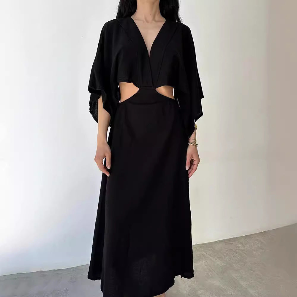 Robe longue femme – Coupe slim – Lin et coton – Fente haute – Taille ajourée