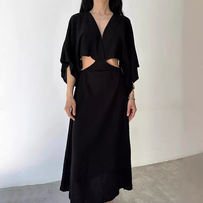 Robe longue femme – Coupe slim – Lin et coton – Fente haute – Taille ajourée