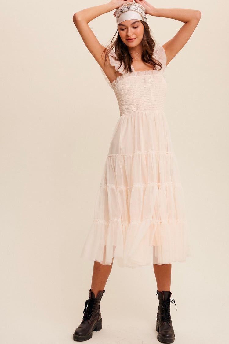 Robe longue femme – Bustier smocké – Jupe en tulle volantée – Sans manches à volants
