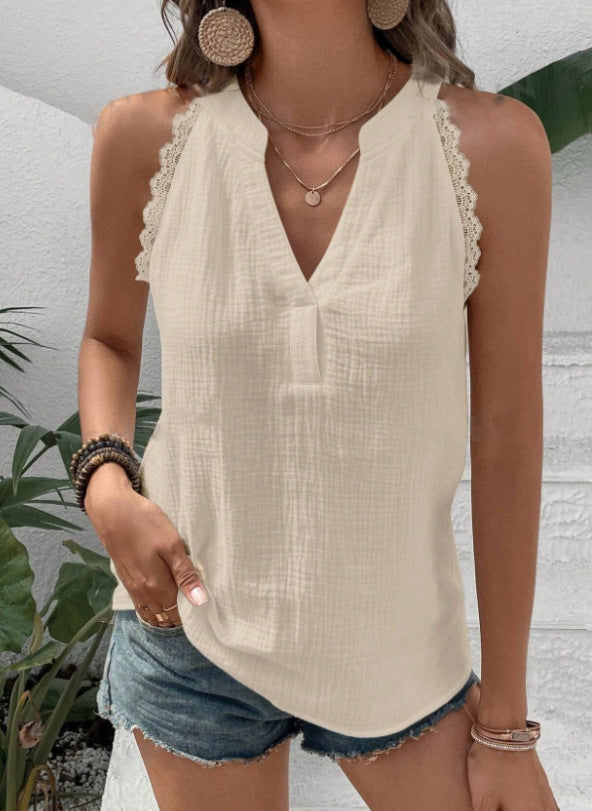 Top sans manches femme – Coupe ample – Décolleté en V – Détails dentelle – Tissu respirant