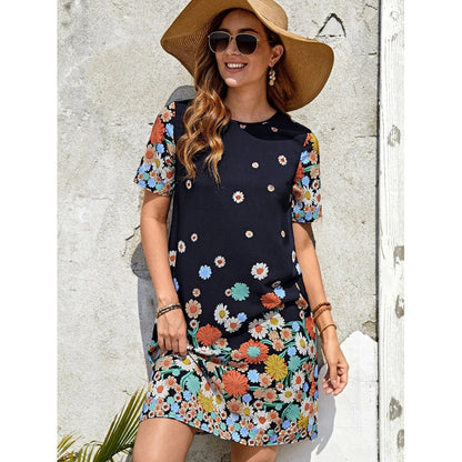 Robe femme midi – Imprimé fleuri – Coupe droite – Manches courtes – Coton léger