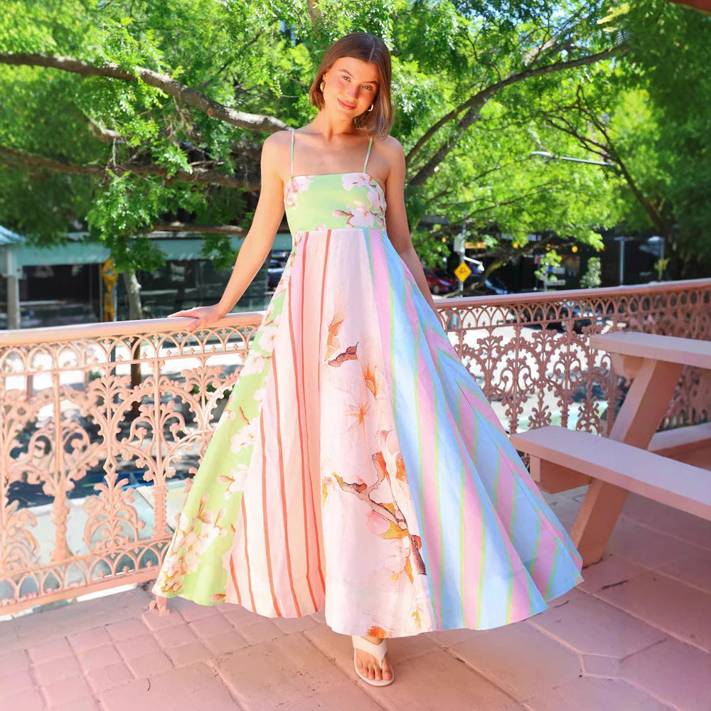 Robe femme maxi – Coupe fluide – Tissu respirant – Bretelles fines – Imprimé artistique