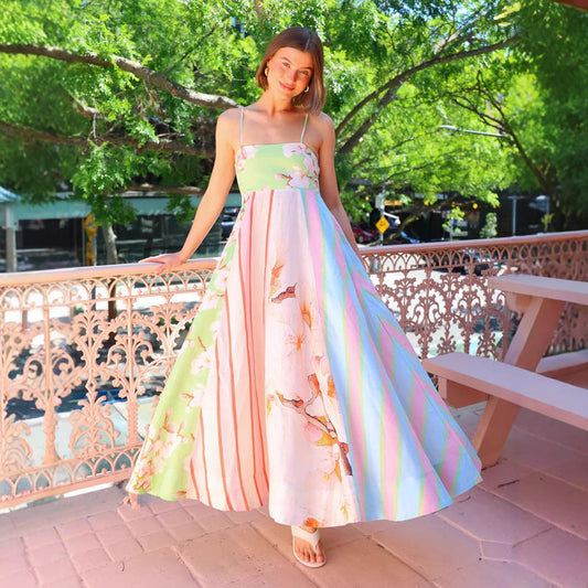 Robe femme maxi – Coupe fluide – Tissu respirant – Bretelles fines – Imprimé artistique