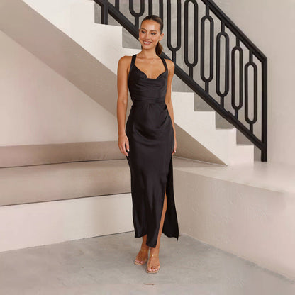 Robe longue femme – Coupe ajustée – Satiné – Col bénitier – Fente latérale