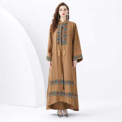 Ensemble deux pièces femme – Robe sans manches et kimono bohème – Détails brodés – Lien à pampilles – Coupe ample