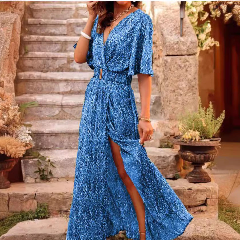Robe longue femme – Tissu fluide – Décolleté cache-cœur – Manches courtes – Ceinture boucle