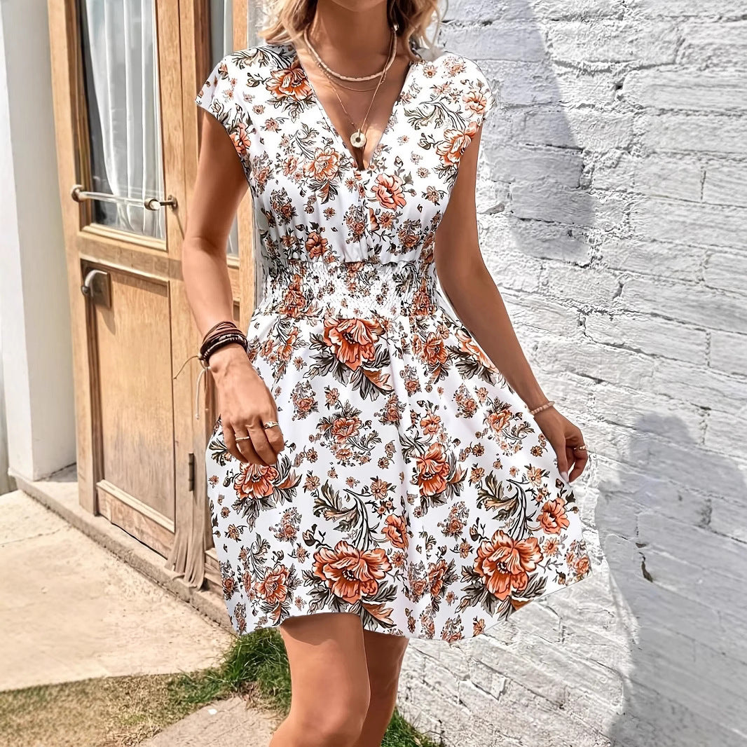 Robe Femme Évasée – Décolleté Plongeant – Manches Volantes – Taille Smockée – Tissu Respirant