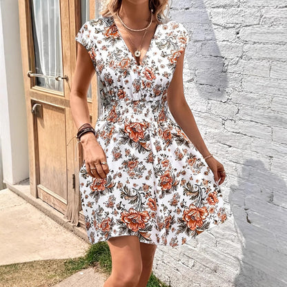 Robe Femme Évasée – Décolleté Plongeant – Manches Volantes – Taille Smockée – Tissu Respirant