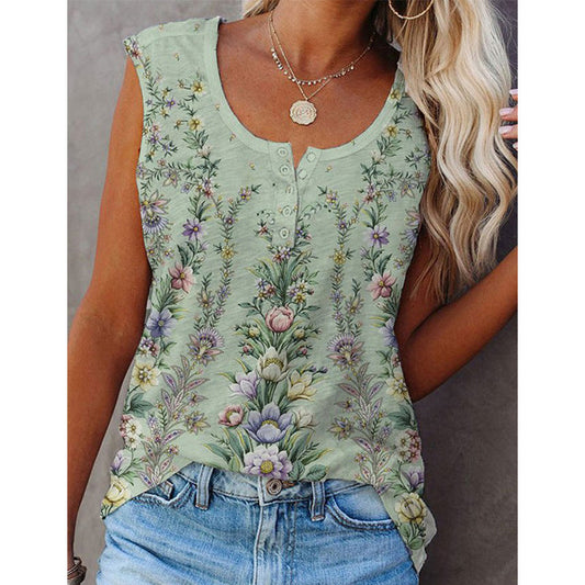 Top sans manches femme – Coupe décontractée – Fibres naturelles – Imprimé fleuri – Boutonné devant