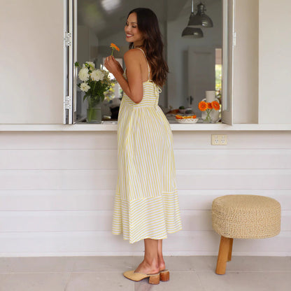 Robe mi-longue femme – Coupe fluide – Bretelles fines – Rayée – Nœud devant – Tissu respirant