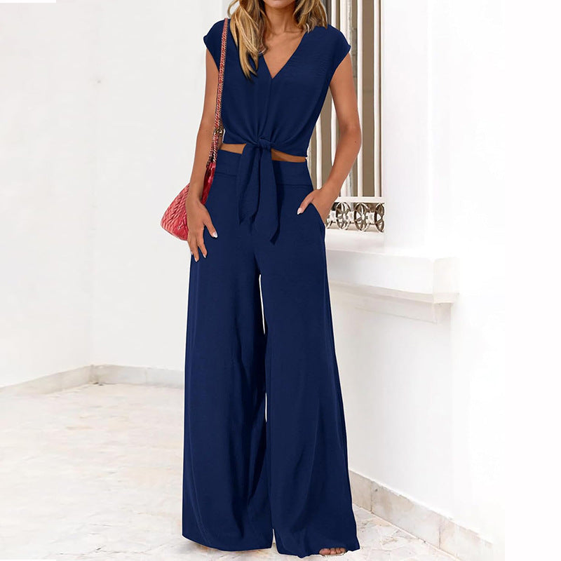 Women's 2-piece set – Cropped tie-front V-neck top – High-waisted wide-leg pants