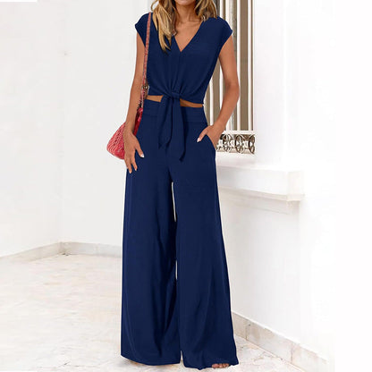Women's 2-piece set – Cropped tie-front V-neck top – High-waisted wide-leg pants