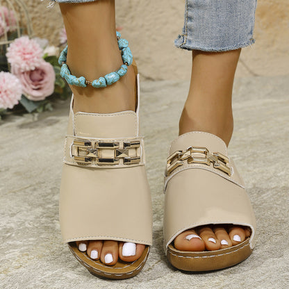 Sandales compensées femme – Bout ouvert – Enfilage facile – Boucles métalliques