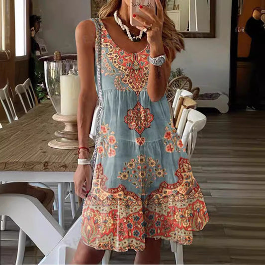 Robe décontractée femme – Coupe fluide – Sans manches – Col rond – Motif ornemental – Longueur midi