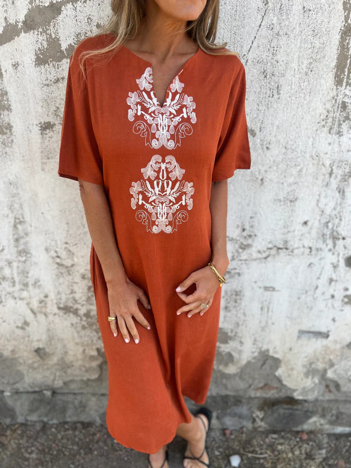 Robe midi femme – Fibres naturelles – Coupe décontractée – Manches courtes – Broderie