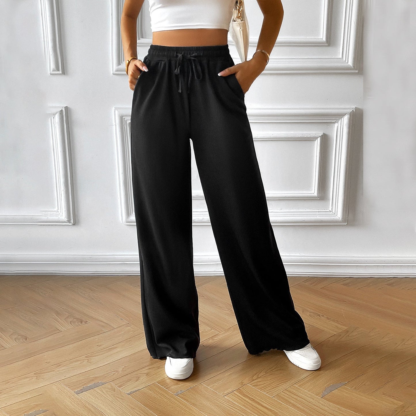 Pantalon large femme – Tissu léger et respirant – Taille élastique avec cordon – Poches côté