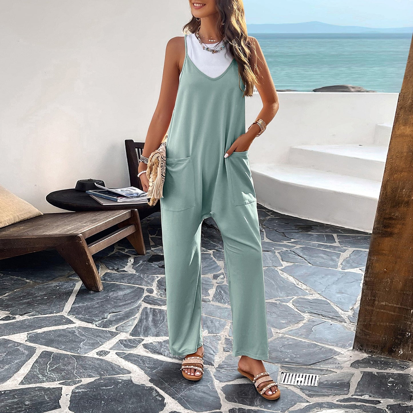 Combinaison femme – Coupe décontractée – Jambe large – Sans manches – Tissu léger