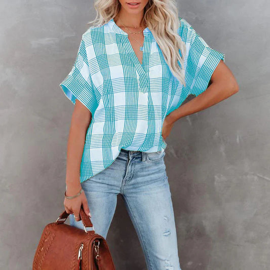 Blouse femme – Coupe décontractée – Motif à carreaux – Manches courtes – Coton