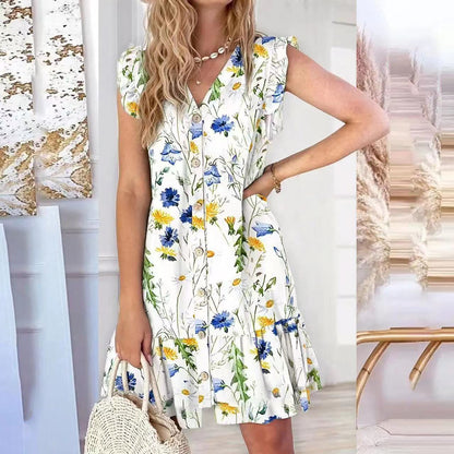 Robe Femme Évasée – Imprimé Fleuri – Col V – Sans Manches – Boutonnage – Volants