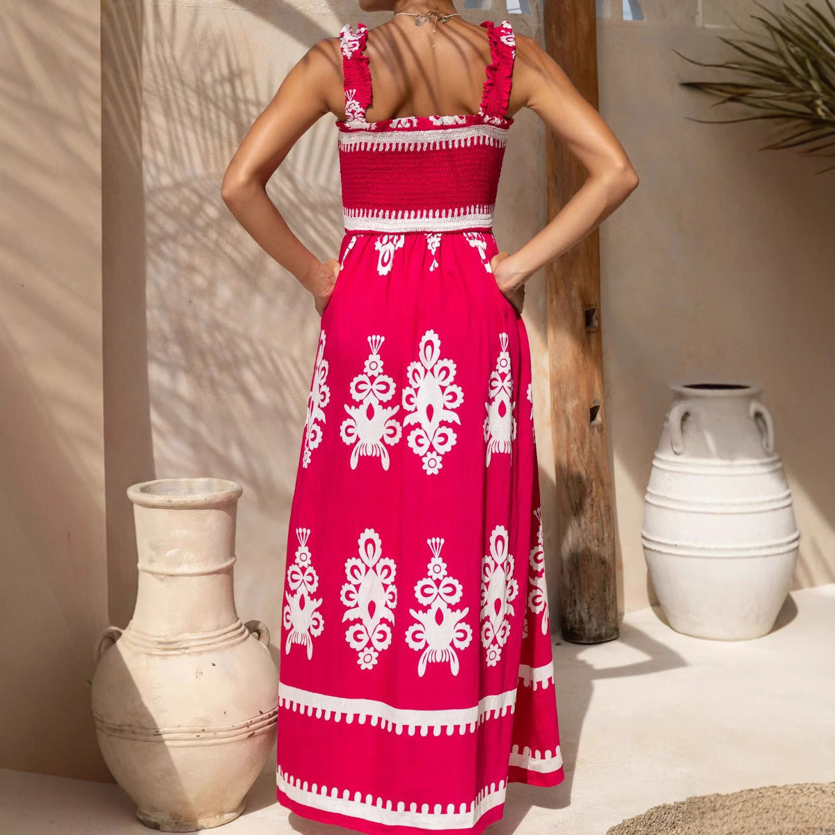 Robe d’été femme – Coton – Coupe évasée – Bretelles volantées – Longueur cheville